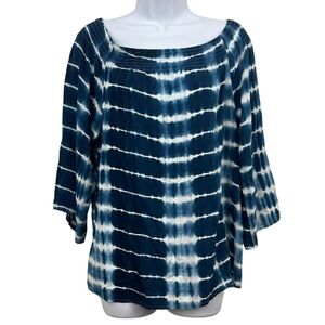 Lovestitch Medium Blue Tie-dye 3/4 Sleeve Top w/ Smocked Neckline